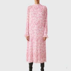 Ganni Floral Long Sleeve Plissé Georgette Midi Dress